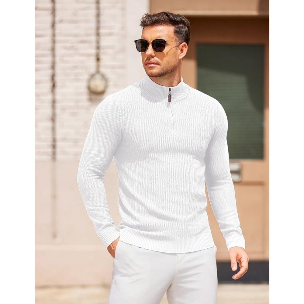 Men's Slim Fit Quarter Zip Pullover Sweater Knit Mock Neck Polo White Sweater - Picture 3 of 6